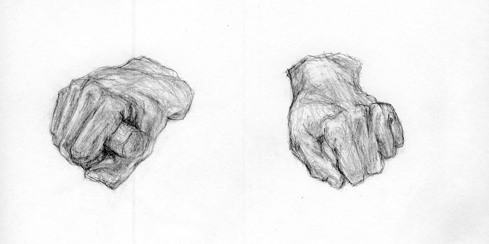 Drawing of a bronze cast of Abraham Lincoln’s hands on display at the New-York Historical Society, taken from molds made by Leonard Wells Volk in 1860 for a life-sized statue of the newly-elected president. Lincoln had spent the day shaking hands, and so great was the ensuing swelling of his right hand that Volk had him grasp a broom handle to minimize the distortion.