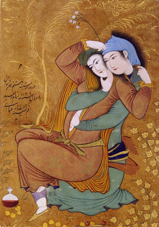 Two Lovers (detail). Riza 'Abbasi. Iran, Isfahan, Savafid Period (1501-1722), dated 1630. Ink, opaque watercolor, and gold on paper. Metropolitan Museum of Art, NYC.
