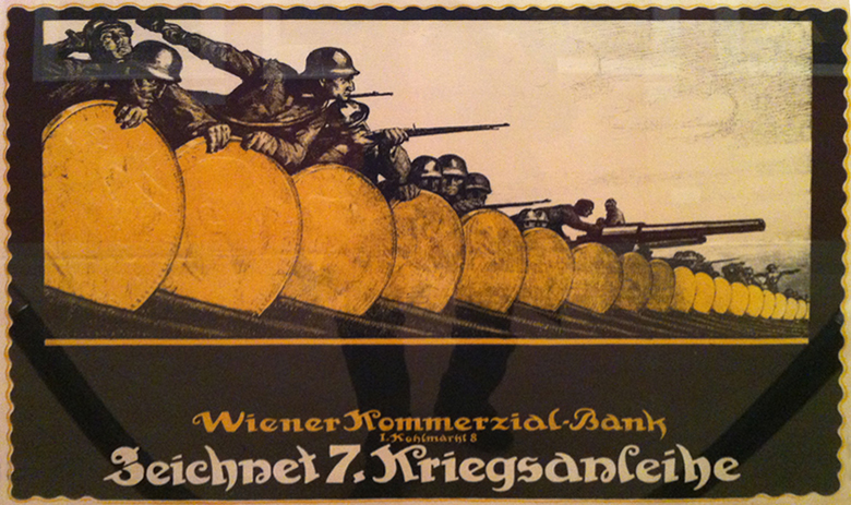 Artist: Alfred Offner. Kommerzial-bank zeichnet 7. Kriegsanleihe/Wein. The Commercial Bank Subscribes to the 7th War Loan Vienna, 1917. The “shields” represent Austro-Hungarian gold coins, presumably stamped with the likeness of Emperor Franz Joseph I. Image made at the Neue Gallery, NYC, and augmented by overhead glare and reflections of the photographer’s legs behind a protective cordon.