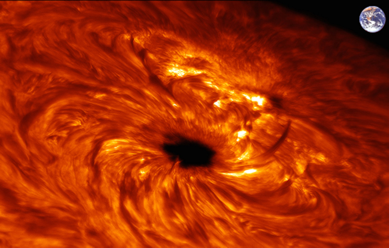Inset upper right shows relative size of earth to sunspot