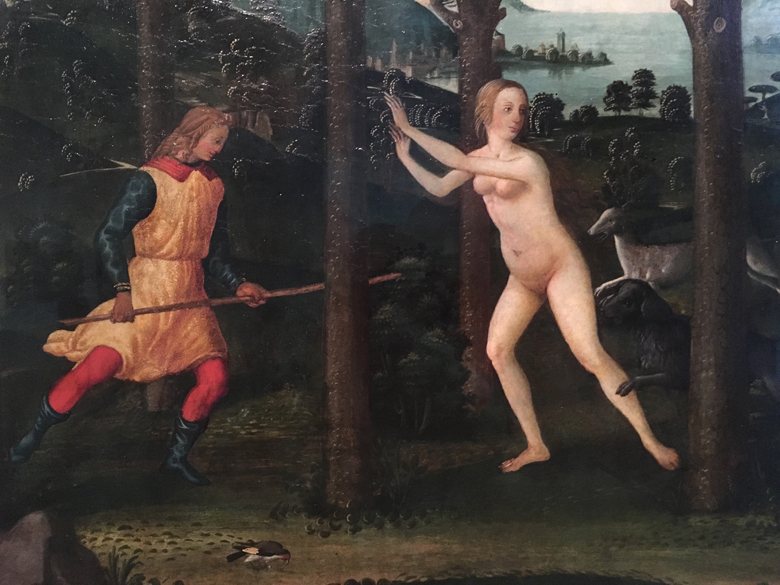 Davide di Tommaso Bigordi, called Davide Ghirlandaio. Italian, Florentine, 1452-1525. Detail of a scene from the “Tale of Nastagio degli Onesti” in Boccaccio’s Decameron. After 1483. Tempera on wood panel. Brooklyn Museum. Note: the pursuing knight on horseback (seen in the previous post) is just offscreen to her right.